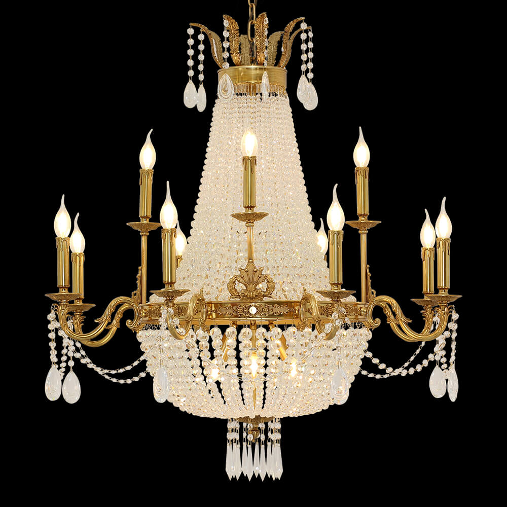 37X39 Inch 15 Lights French Empire Brass and Crystal Chandelier