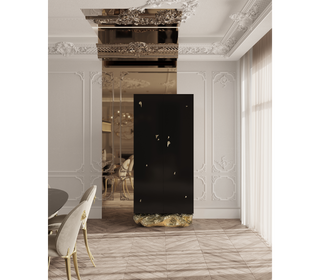 Luxury Marble Curio Cabinet with Brass Base, Glass Display Shelves & Hidden Storage