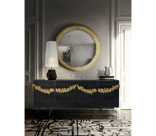 Luxury Black Sideboard Buffet Cabinet with Floral Carved Details & Storage