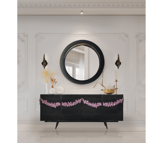 Luxury Black Sideboard Buffet Cabinet with Floral Carved Details & Storage