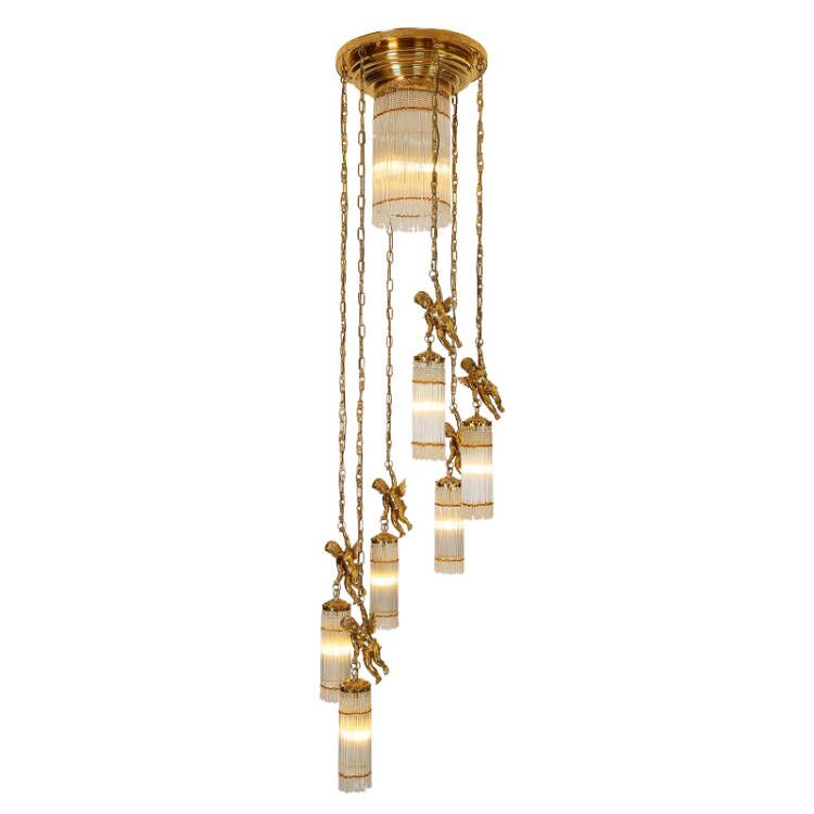 Luxury Flush Mounted 138 Inch Long Antique Brass Angels Chandelier for Staircase