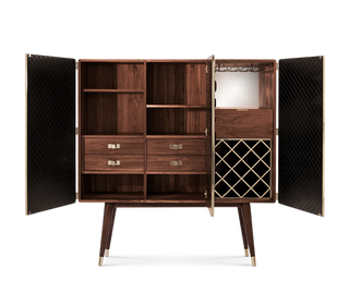 Luxury Walnut Bar Cabinet with Brass Accents & Hidden Storage
