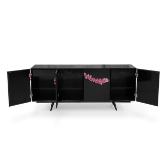 Luxury Black Sideboard Buffet Cabinet with Floral Carved Details & Storage