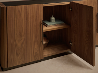 Piermont Sideboard Black Walnut Smoked Glass Top Bronze Plinth Base