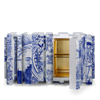 Luxury Hand-Painted Tile Sideboard Cabinet with Vintage Artwork & Hidden Storage