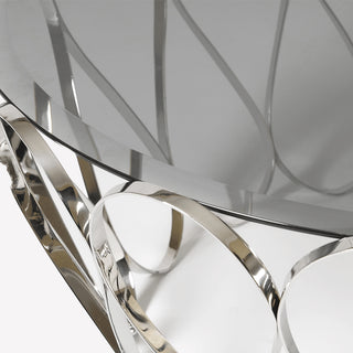 Luxury Round Coffee Table with Sculptural Brass Base, Smoked Glass Top & Modern Architectural Design