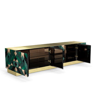 Luxury Walnut Media Console with Pixel-Inspired Design & Hidden Storage