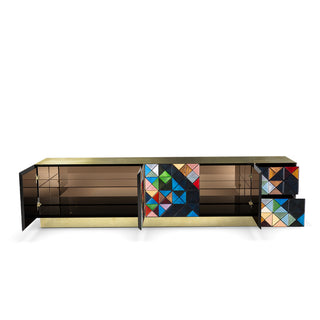 Luxury Walnut Media Console with Pixel-Inspired Design & Hidden Storage