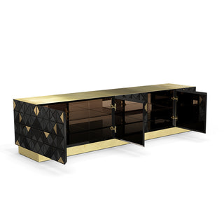 Luxury Walnut Media Console with Pixel-Inspired Design & Hidden Storage