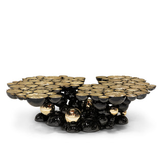 Luxury Sculptural Coffee Table with Gold Sphere Base & Black Glass Top