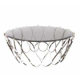 Luxury Round Coffee Table with Sculptural Brass Base, Smoked Glass Top & Modern Architectural Design