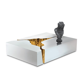 Luxury Coffee Table with Cracked Brass Sculptural Base & Smoked Glass Top