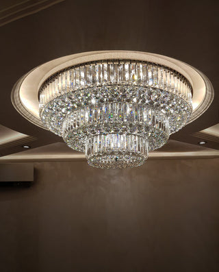 39 Inch Round Crystal Ceiling Light Tiered Flush Mounted Chandelier for Low Ceiling Room