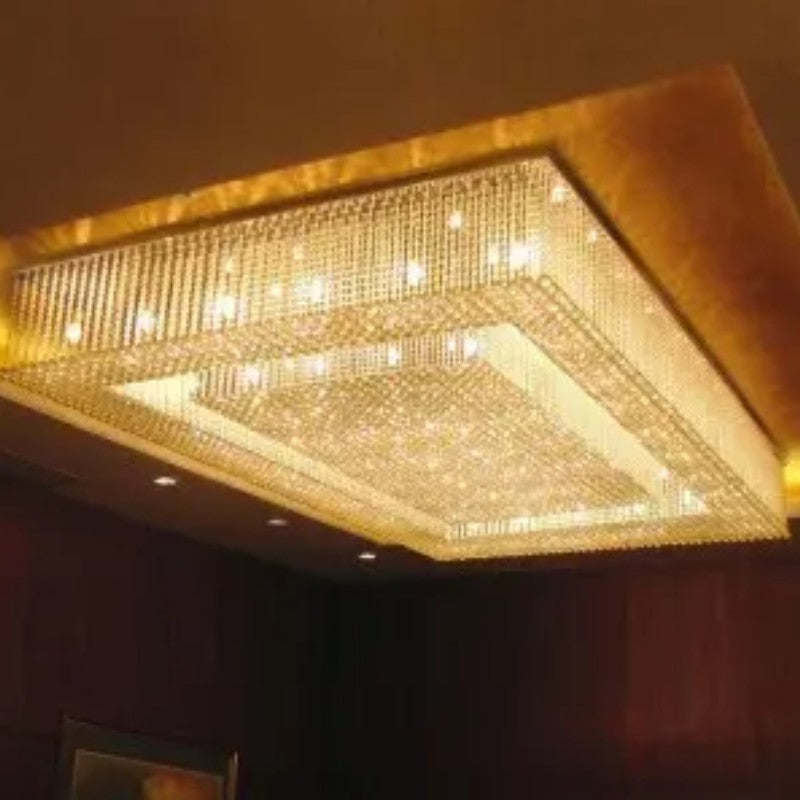 Custom Made Huge Rectangle Flush Mounted Gold Crystal Chandelier for Low Ceiling