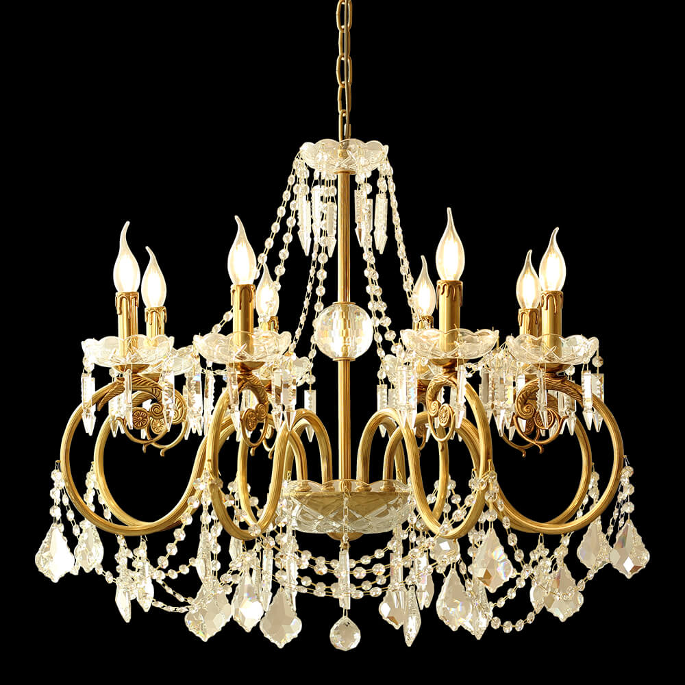 8 Lights Candle Style Small Brass and Crystal Chandelier for Bedroom