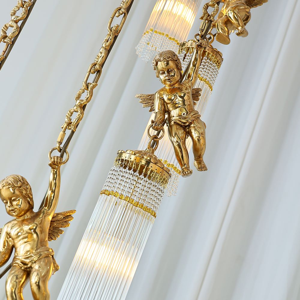 Luxury Flush Mounted 138 Inch Long Antique Brass Angels Chandelier for Staircase