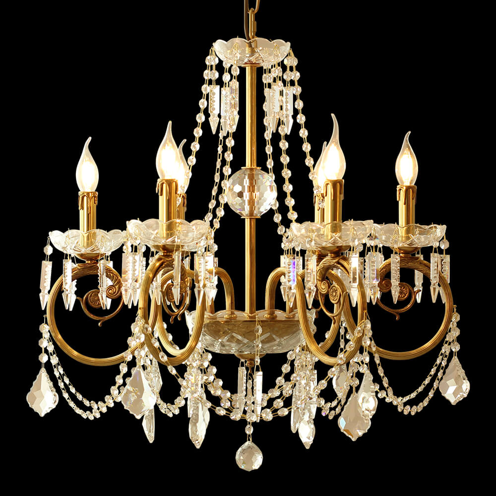 6 Lights Candle Style Small Brass and Crystal Chandelier for Bedroom