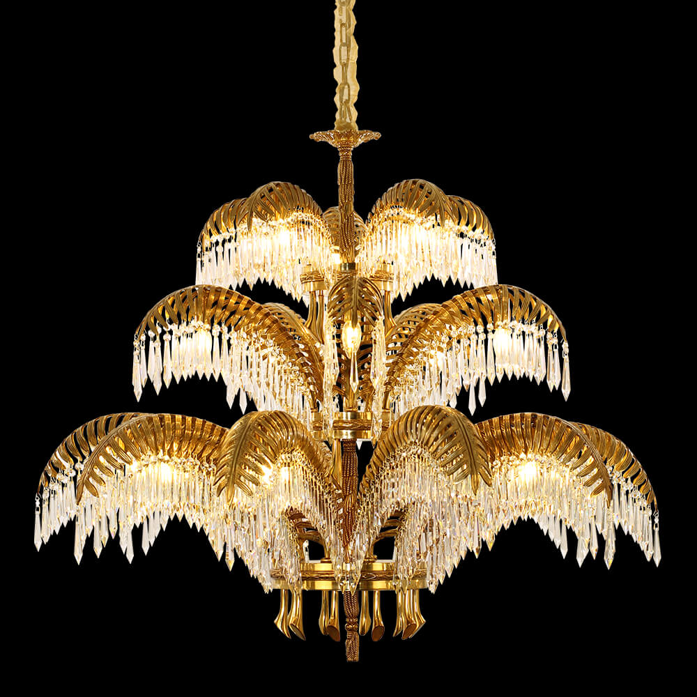 47X43 Inch 3-Layer Large Luxury Brass Chandelier Gold Palm Tree Crystal Chandelier for Entrance