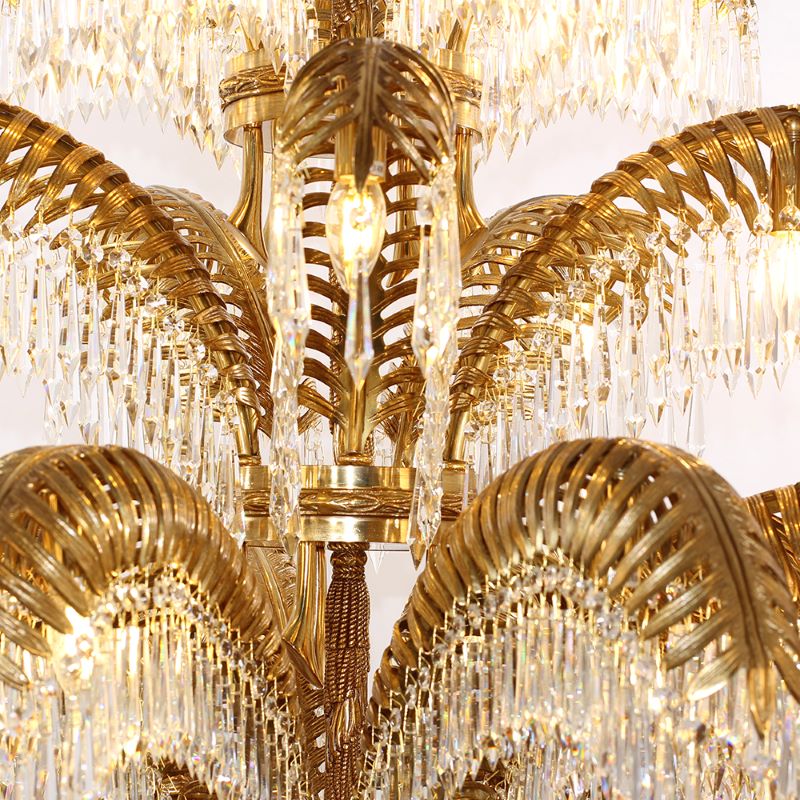 47X43 Inch 3-Layer Large Luxury Brass Chandelier Gold Palm Tree Crystal Chandelier for Entrance