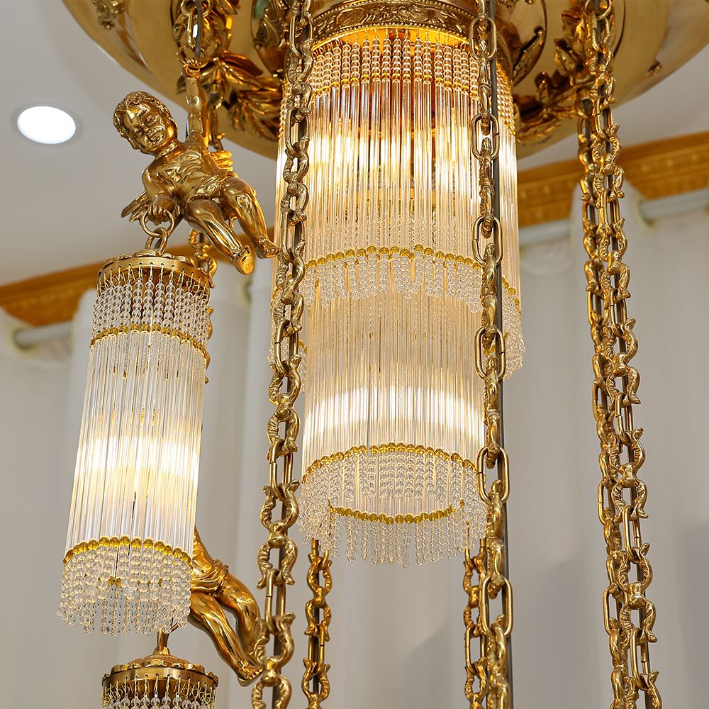 Luxury Flush Mounted 138 Inch Long Antique Brass Angels Chandelier for Staircase