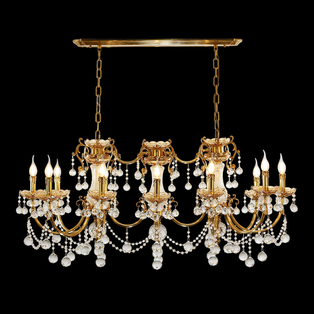 12 Lights 50 Inch Linear Traditional Gold Brass and Crystal Chandelier for Dining Room