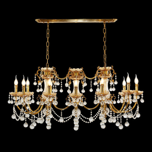 12 Lights 50 Inch Linear Traditional Gold Brass and Crystal Chandelier for Dining Room