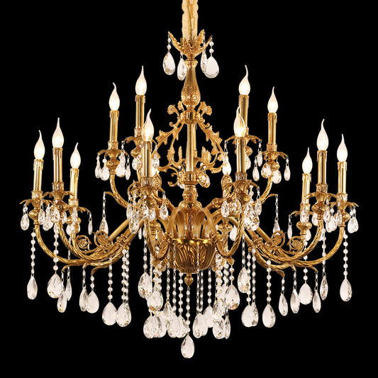 43X39 Inch 15 Lights Two-tier Traditional Brass and Crystal Chandelier for Living Room