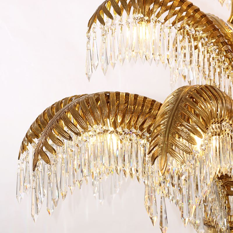 47X43 Inch 3-Layer Large Luxury Brass Chandelier Gold Palm Tree Crystal Chandelier for Entrance