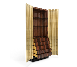 Luxury Curio Cabinet with Brass Tube Design, Glass Shelves & Hidden Storage