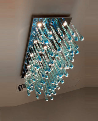 Rectangle Rainfall Blue Murano Glass Chandelier for Dining Room 18"W 24"H