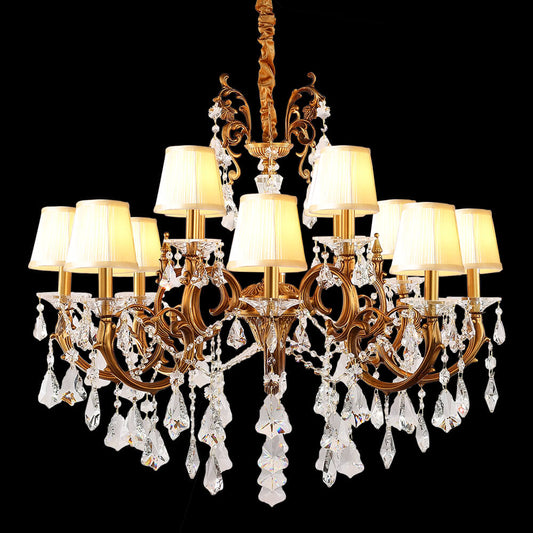 37X31 Inch 12 Lights Candle Style Antique Brass and Crystal Chandelier