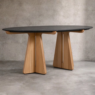 Pinna Oval Marble Dining Table with Wood Base, 75"–90"