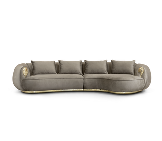 Luxury Curved Sofa with Hand-Hammered Polished Brass Base & Cream Upholstery Design