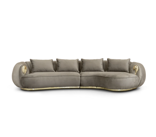Luxury Curved Sofa with Hand-Hammered Polished Brass Base & Cream Upholstery Design