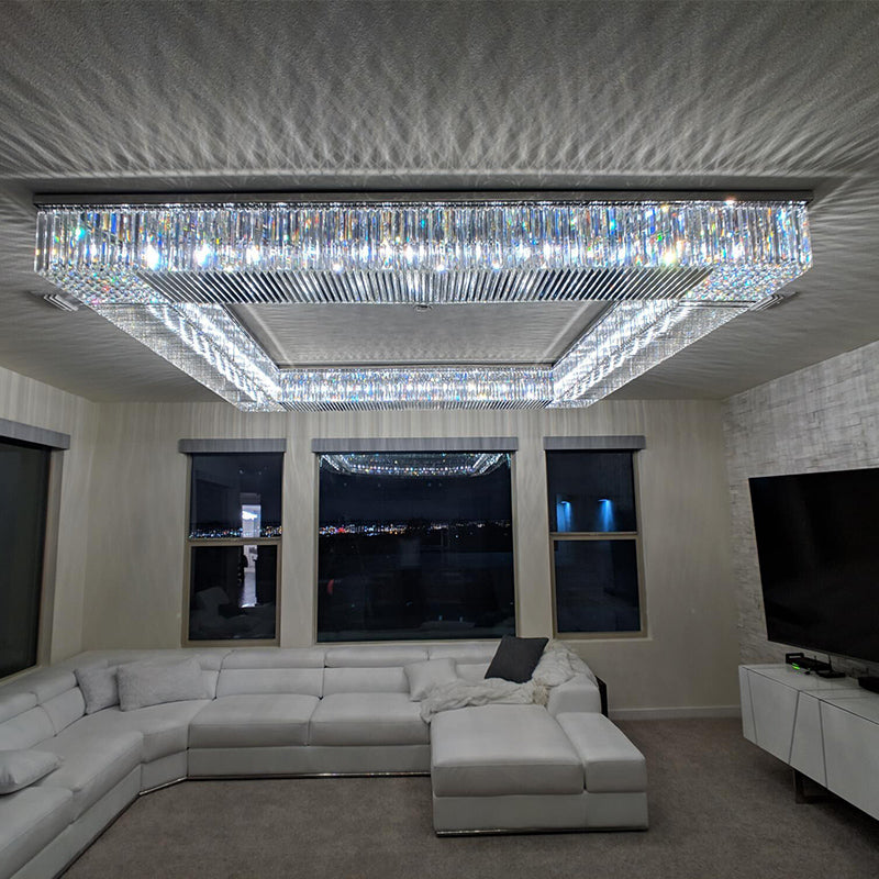 72 Inch Big Square Flush Mounted Chrome Crystal Chandelier for Living Room