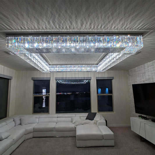 72 Inch Big Square Flush Mounted Chrome Crystal Chandelier for Living Room