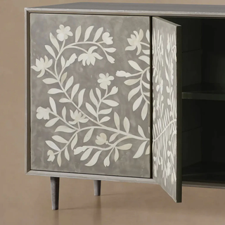 Divya Hand-Inlaid Bone Sideboard - Oak Frame Jasmine Motif Buffet Table for Living Room & Entryways