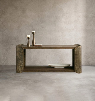 Alvaro Spalted Primavera Wood Console Table with Oxidized Aluminum Base – Luxury Entryway & Hallway Table