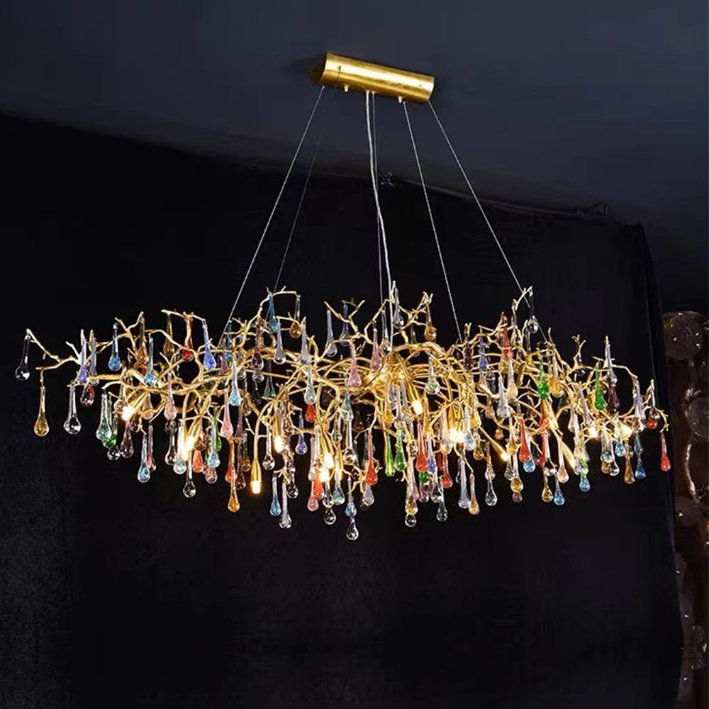 48-72 Inch Linear Chandelier for Dining Room Colored Glass Teardrop Chandelier