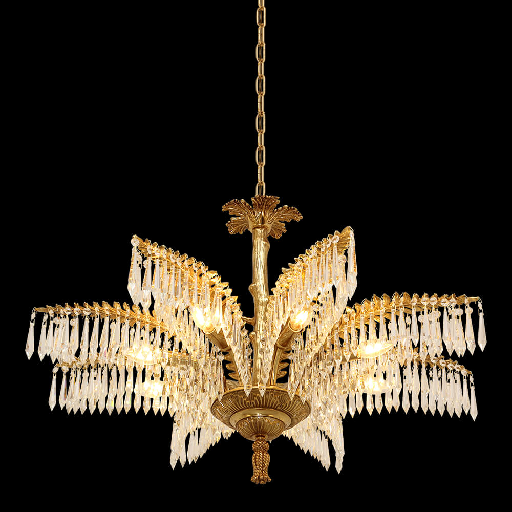 22 Inch Wide 1 Layer Small Brass Palm Tree Crystal Chandelier Light for Bedroom