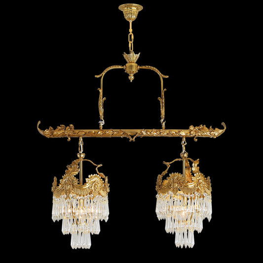 35 Inch Linear Chandelier Antique Copper and Crystal Kitchen Island Chandelier