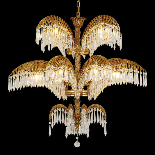 39X35 Inch Wide 3-Layer Big Brass Palm Tree Gold Crystal Chandelier for Entrance/ Foyer