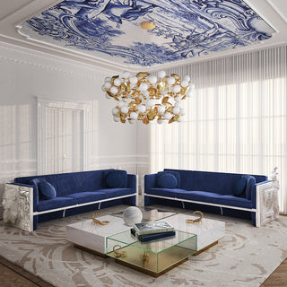 Luxury Versailles Inspired Sofa with Sculpted Resin Wood Frame, Velvet Pillows & Acrylic Legs