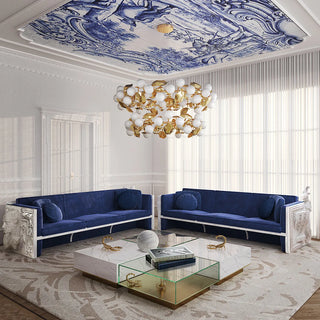 Luxury Versailles Inspired Sofa with Sculpted Resin Wood Frame, Velvet Pillows & Acrylic Legs