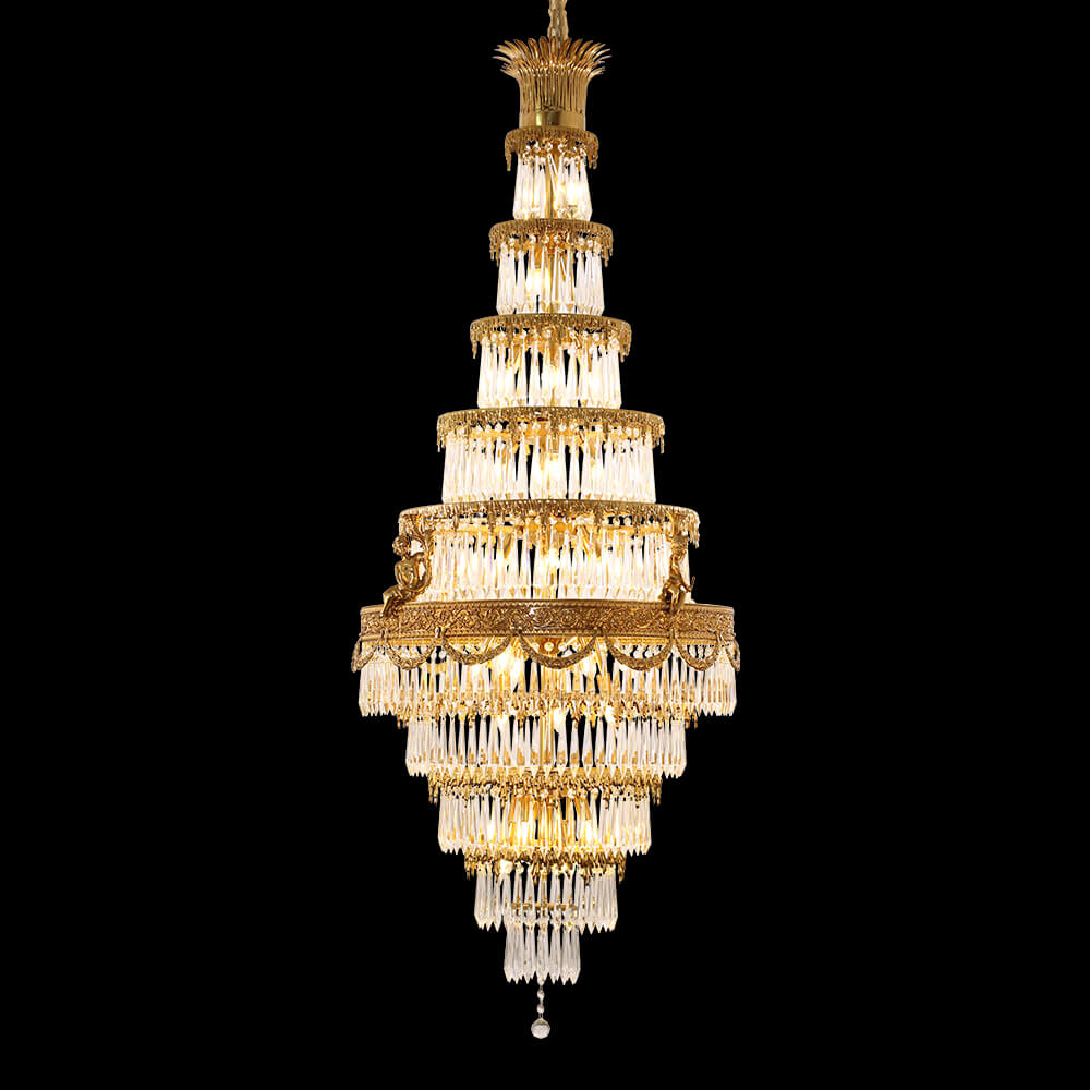 35X83 Inch Big Foyer Lighting Cascading French Empire Brass and Crystal Chandelier