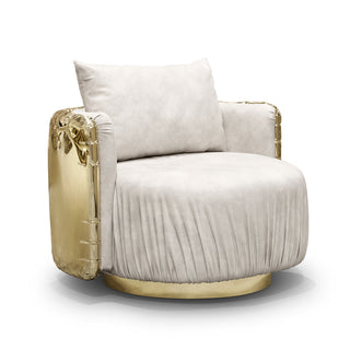 Luxury Imperfect Sculptural Armchair with Swivel Base & Hammered Brass Round Design