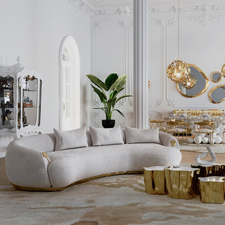 Luxury Curved Sofa with Hand-Hammered Polished Brass Base & Cream Upholstery Design
