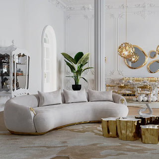 Luxury Curved Sofa with Hand-Hammered Polished Brass Base & Cream Upholstery Design
