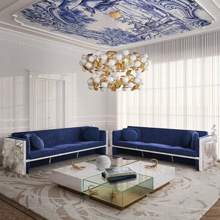 Luxury Versailles Inspired Sofa with Sculpted Resin Wood Frame, Velvet Pillows & Acrylic Legs