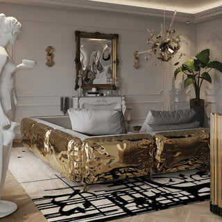 Luxury Imperfect Sculptural L-Shaped Modular Sofa with Ottoman & Polished Brass Design